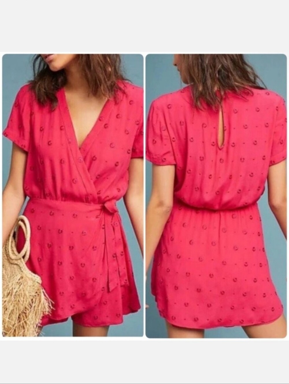 Ett.Twa By Anthropology Red "Greenbrier" Short-Sleeve Wrap Dress Romper
